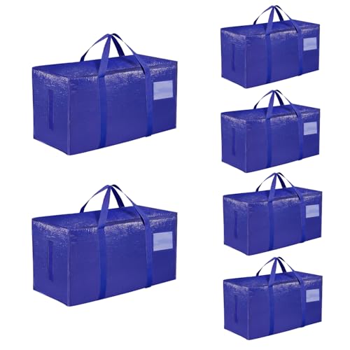 6 Pack-Extra Large Heavy Duty Moving Bags - Waterproof Storage Totes with Handles & Zippers, Foldable for College Dorm, Storage (Blue) - color: Blue, size: 6