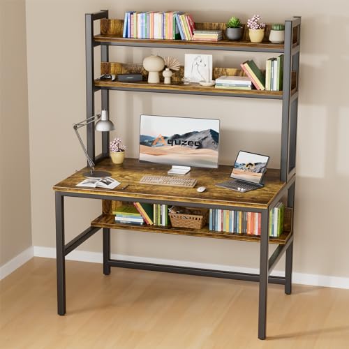 Aquzee Computer Desk with Hutch Bookshelves, 55 Inch Home Office Writing Desk with Space Saving Design, Gaming Table Organized Desk with Storage Shelves Bookshelf Easy Assemble, Rustic Brown - color: Brown, size: 55inch