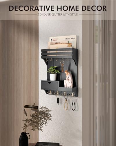 Rebee Vision Modern Key Holder Wall Mount with Mini Drawer Organizer - Decorative Mail Organizer with 9 Key Hooks and Floating Shelf - Stylish Home Decor for Apartment Essentials (Black) - color: Black, style: Small Drawer