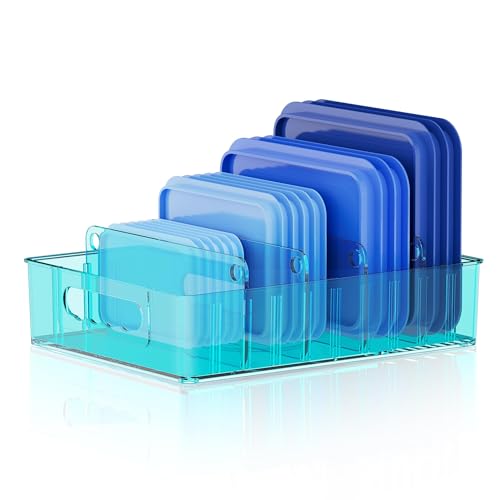 LYNG Lid Organizers Inside Cabinet, Clear Plastic Storage Lid Organizer With 4 Adjustable Dividers, Food Container Lid Organizer For Kitchen Pantry Blue - color: Blue
