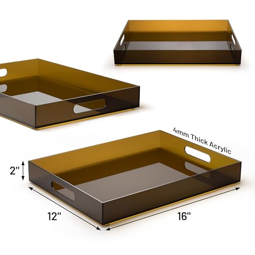 ATZYmolin 16"x12" Large Acrylic Serving Tray Decorative Ottoman Coffee Table Vanity Tray Tea Fruit Platter Snack Appetizer Dessert Drink with Handles for Bar Kitchen Party, Amber - color: Brown - Medium
