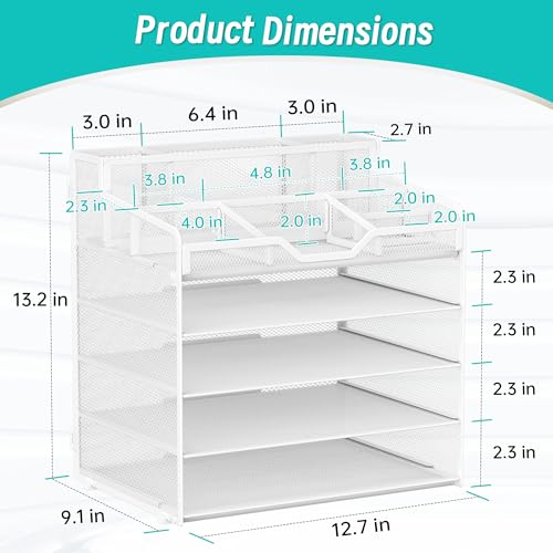 5 Tier Mesh Desk Organizer,Multi Functional Letter Paper Tray with 3 Pen Holders and 5 Adjustable Storage Compartments for Office Supplies Files and Mail Space Saving Desktop Organizer-White - color: 5 Tier-white