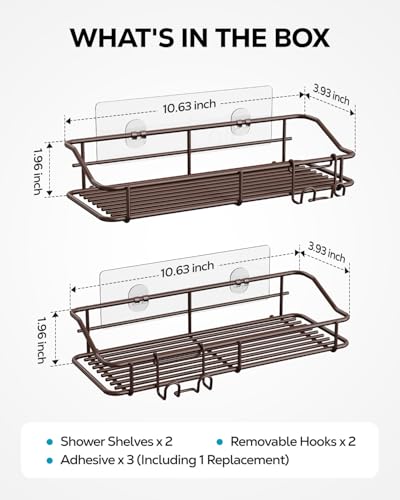 Nieifi Shower Caddy Shelf Storage Rack Adhesive Without Drilling Stainless Steel with Hooks for Washroom, Lavatory, Restroom, Toilet, Bathroom, Kitchen - 2 Pack Bronze - color: Brown, size: 2 Pack