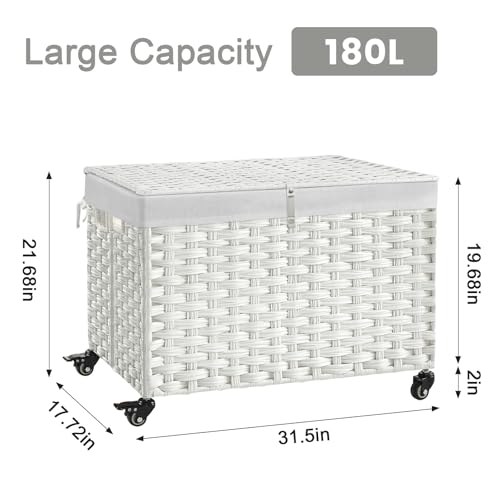 Rolling Storage Basket with Lid, 47.6 Gallon (180L) Storage Bin with Wheels, Woven Rattan Blanket Storage Basket with Handles, Foldable, Metal Frame, Removable Liner for Bedroom, Laundry Room, White - color: White