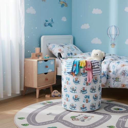 Baby Laundry Basket Baby Hamper for Nursery Girl Kids Butterfly Hamper Cute Kids Toys Storage Bin Organizer Butterfly Room Decor for Home(Bear Pilot) - color: Bear Pilot