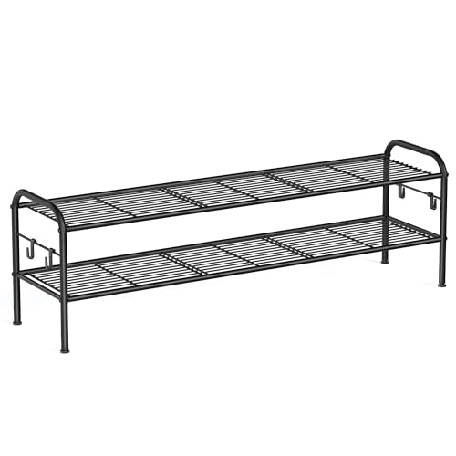 SONGMICS Shoe Rack, 2-Tier Shoe Organizer, Metal Shoe Shelf Storage with 4 Side Hooks, Holds 18 Pairs of Shoes, Height-Adjustable Shoe Rack for Entryway, Hallway, Closet, Ink Black ULMR121B01 - color: Ink Black, size: 2 Tiers (44.9"W)