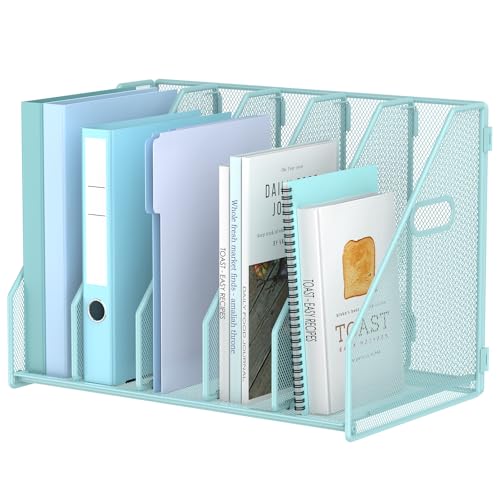 MINDEPOT Desk File Organizer Metal Desk Magazine Folder Holder with 5 Vertical Compartments Rack File Organizer for Office, Home, School (Blue) - color: Blue