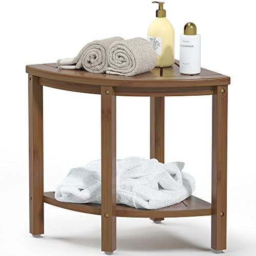 Bamfan Bamboo Corner Shower Bench Waterproof Stool with Space-Efficient Storage Shelf - Shower Stool Seat for Indoor or Outdoor Use(Walnut) - color: Walnut