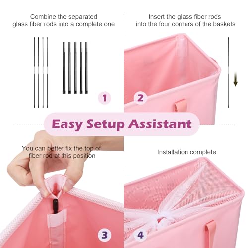 Odonata Slim Laundry Hamper Handles Collapsible Laundry Basket Thin Dirty Clothes Basket Narrow Laundry Bag Foldable Dirty Hamper 45L (Pink) - color: Pink