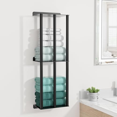 susswiff Towel Racks for Bathroom: 26 Inch Wall Mounted Towel Holder, Upgrade 2-Tier Towel Rack with 3-Vertical-Bars and 3-Steel-Shelves, for Modern Decor Bathroom Towel Storage (Matte Black) - size: B-26"