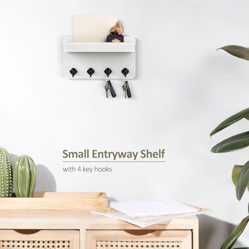 Nekon Key Holder Wall Mount, 8.5 Inch Small Home Decor Wooden Wall Organizer with 4 Hooks and Shelf, Key and Mail Holder for Living Room Entryway Kitchen(White) - color: White
