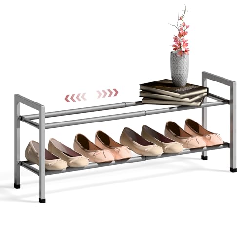 Bumusty 2 Tier Expandable Shoe Rack for Closet, 18“-33” Adjustable Shoe Rack for Small Space, Small Shoe Organizer for Front Door, Sturdy Metal, Light Grey - color: Light Grey, size: 2-Tier