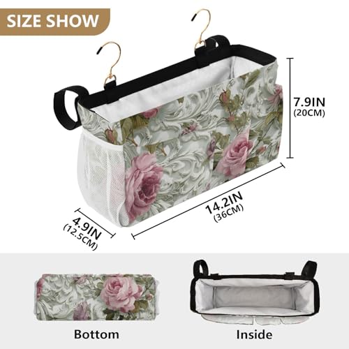 Bedside Caddy Metal Frame Hanging Organizer Bunk Bed Dorm Accessories Hook And Loop Storage Bag Large Pockets Lavender Pink Rose Flowers - color: Lavender Pink Rose Flowers