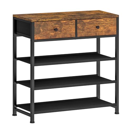 usikey Shoe Rack, 4 Tier Shoe Storage Organizer with 2 Drawers, Metal Shoe Shelf for 9-12 Pairs of Shoes, with 3 Oxford Fabric Shelves and Wooden Top, Shoe Stand for Entryway, Rustic Brown UNYXJX012F - color: 4 Tier ( 28.3 X 11 X 29.5 Inches)-rustic Brown
