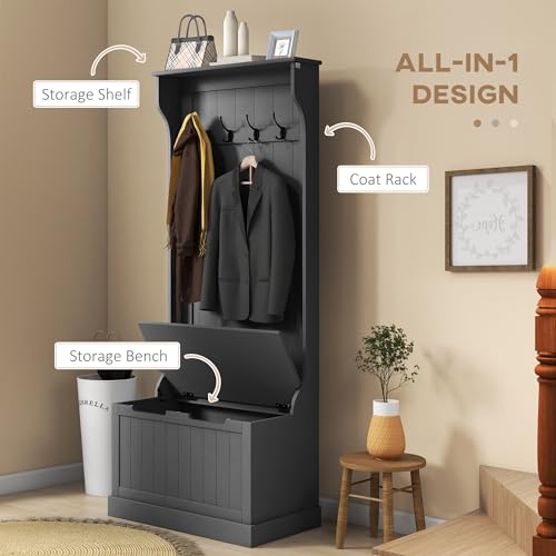 HOMCOM Hall Tree with Bench and Shoe Storage, 3-in-1 Entryway Bench with Coat Rack, 4 Hooks and Flip Top Storage Compartment, Black - color: Black, size: 28"