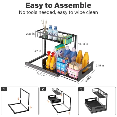 Under Sink Organizer 2 Tier, Pull Out Drawer Slides Under Sink Storage for Bathroom Kitchen,Multi-Purpose Drawer Under Cabinet Organizer for Cleaning Supplies (Black, 2 Pack) - color: Black, size: 2 Pack