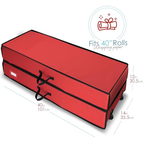 Hearth & Harbor Wrapping Paper Storage Container with Ribbon Dispenser and Interior Pockets - Large Christmas Storage Containers with Wheels, Fits 30 Rolls of 40" Length, Red - color: Red, size: Extra Large