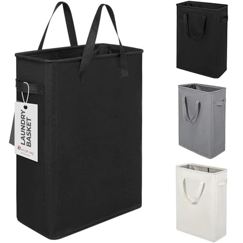 ZERO JET LAG Slim Laundry Hamper With Handles Collapsible Laundry Basket Thin Dirty Clothes Basket Narrow Laundry Bag Foldable Dirty Clothes Hamper 45L (24 inches,Black) - color: Black- With Handles