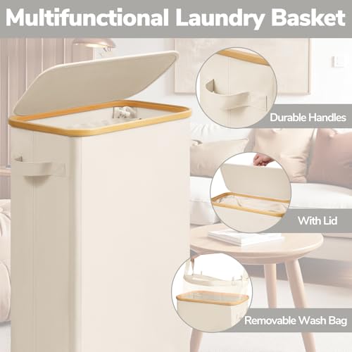 Goodpick Slim Laundry Basket with Wheels and Lid, 75L Narrow Laundry Hamper with Handles Removable Bag, Rolling Clothes Hamper for Dorm Bathroom Bedroom, 17" x 9.8" x 29.5", Beige - color: Beige, size: 75L (17"L x 9.8"W x 29.5"H)