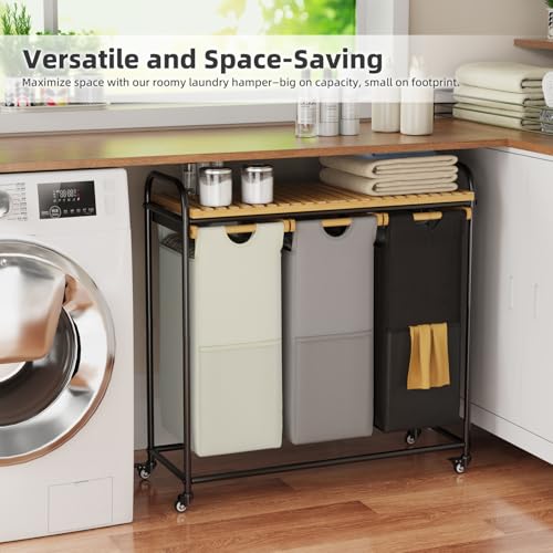 BambooHomie Laundry Hampers 3 Section, Laundry Sorter with Removable Shelf and Pull-Out Bags, Rolling Cart Clothes Hampers Basket with Wheels for Laundry Room Bathroom, 3 x 45 L (Black Beige Gray) - color: Black & Beige & Gray, size: 3 x 45 L