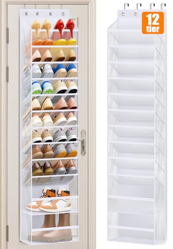 MISSLO 12 Tier Over the Door Shoe Organizer Large Capacity Hanging Shoe Rack for Closet Storage Narrow Sneaker Holder for Door Fit 24 Pairs Sandals, Heels, Boots (White) - color: White, size: 12 Tier/Large pocket