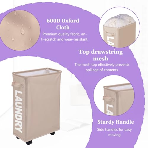 Slim Rolling Laundry Hamper with Wheels, 42L Collapsible Narrow Laundry Basket with Drawstring Mesh Cover, Foldable Dirty Clothes Organizer for Bathroom, Dorm, Small Spaces, Khaki - color: Khaki, size: 1PC 42L