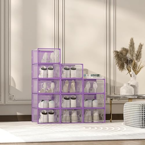 Kuject X-Large Shoe Storage Boxes Organizers Clear Plastic Stackable 12 Pack, Shoe Rack & Holder Substitute, Sneaker Containers, Toy Storage Organizer Bins for Entryway, Closet, Under Bed, Purple - color: Purple, size: X-Large