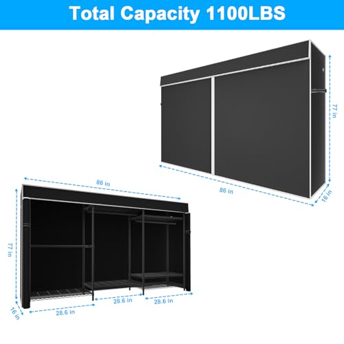 Ulif E13C Max Heavy Duty Closet Organizer System，Freestanding Clothing Racks for Hanging Clothes，Adjustable Garment Rack 86" W x16 D x77 H Hold 1100 lbs，Black Rack with Black Dustproof Cover - color: Black Rack with Black Cover, size: E13C Max
