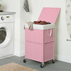 Chrislley 90L Slim Laundry Hamper with Wheels, Rolling Laundry Basket with Lid and Renovable Liner Bag, Handwoven Rattan Organizer for bedroom, bathroom, laundry room (Pink) - color: Pink
