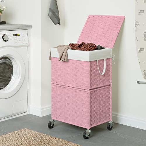 Chrislley 90L Slim Laundry Hamper with Wheels, Rolling Laundry Basket with Lid and Renovable Liner Bag, Handwoven Rattan Organizer for bedroom, bathroom, laundry room (Pink) - color: Pink