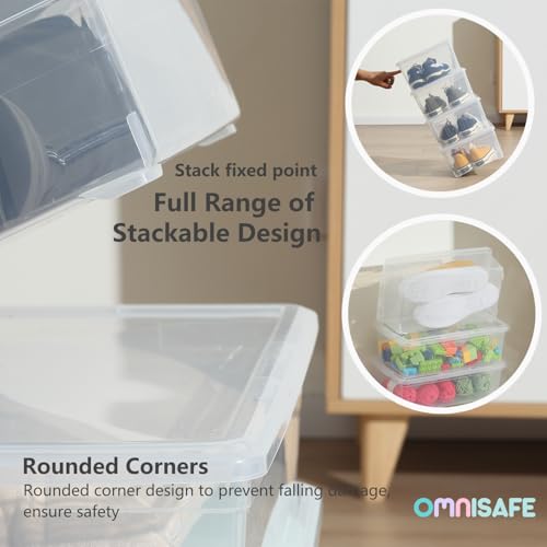 6 Quart Stackable Plastic Storage Shoebox, BPA-Free Nestable Container with Latching Lid to Organize Shoes, See-Through Box for Home and Office, Multi-Purpose Clear Bins (Transparent, 8 Pack)