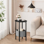 Vagusicc Round Side Table End Table with Storage Basket, Small Side Table Round Nightstand for Small Spaces, Tall Oval End Table with Steel Frame, Coffee Bedside Table for Living Room Bedroom, Black - color: Black