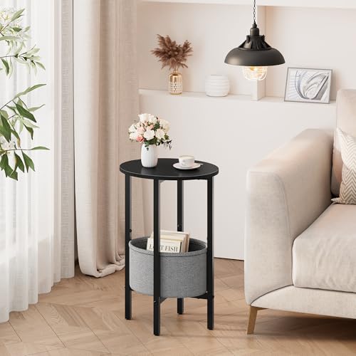 Vagusicc Round Side Table End Table with Storage Basket, Small Side Table Round Nightstand for Small Spaces, Tall Oval End Table with Steel Frame, Coffee Bedside Table for Living Room Bedroom, Black - color: Black