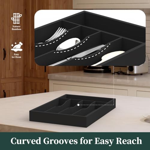 Bamboo Silverware Organizer, Kitchen Drawer Organizer, Utensil Holder, Cutlery Tray & Spoon Flatware Storage with Grooved Drawer Dividers (Black, 9.5''W x 13.5''D) - color: Black, size: 9.5''W x 13.5''D