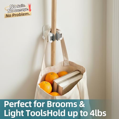 TAILI Mop and Broom Holder Wall Mount Grippers, 2 Hangers and 6 Adhesive Strips, Damage Free Hanging Wall Mount, Household Cleaning Organizer for Organization and Storage, Holds up to 4 lbs, Grey - color: Grey, size: 2 Pack