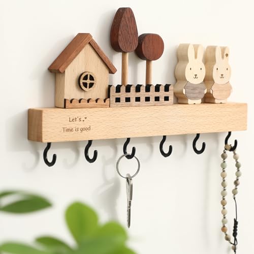 Key Holder with Shelf for Wall, Key Organizer Wall Mount with Hooks, Rustic Wooden Home Decoration for Entryway, Living Room, Bedroom, Cute Key Holder with Shelf.