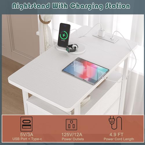 sthmec End Table with Charging Station, Side Tables Livingroom with USB Ports and Outlets,Narrow Nightstands Bedside Tables with 3 Drawers PU Finish for Small Space,Slim Sofa Table Bedroom,White - color: White, size: 11.75'' W*21'' D* 24.3'' H, style: Pow