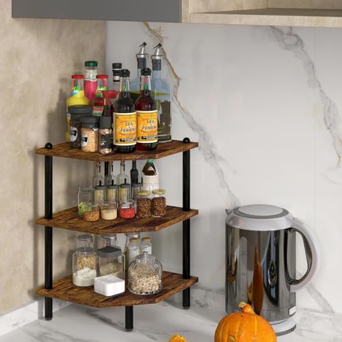 Desktop Corner Stand Shelf for Storage, 3 Tier Corner Shelf Organizer, Rustic Brown Rack for Small Spaces, Bedroom, Home Office, Kitchen, Bathroom - color: Rustic Brown