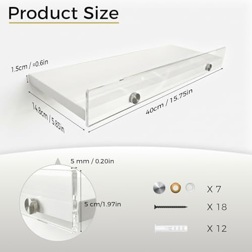 Over the Toilet Shelves - Wall Mounted Floating Shelves with Clear Acrylic Lip, 15.7" Rustic Farmhouse Bathroom Storage Shelves, 3 Pack White