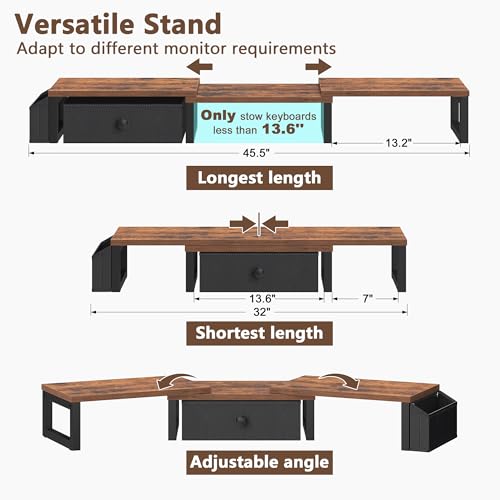 LAND·VOI Heavy Duty Dual Monitor Stand, Holds 2 Screens Up to 27 Inches, Adjustable Length and Angle Monitor Riser, Desk Organizer with Side Pockets and Drawers, Home Office Desk Storage, Rustic Brown - color: Rustic Brown, size: Separate-Type