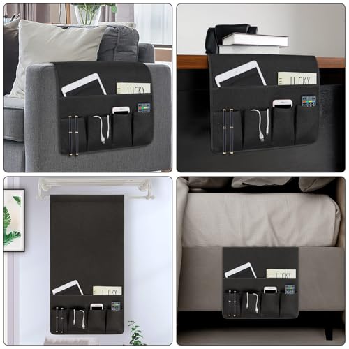 NB Sofa Armrest Organize Remote Holder Bedside Caddy Organizer With 5 Pockets，Non-Slip Couch Remote Control Holder Couch Armchair Caddy Accessories (Black, 35''X18'') - color: black, size: 35''x18''