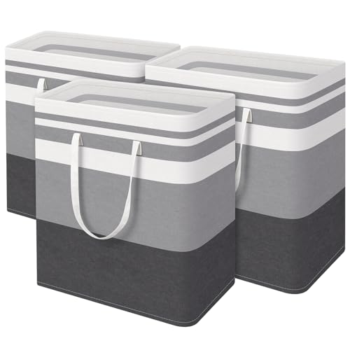 BlissTotes 3-Pack Laundry Basket, Freestanding＆Waterproof Laundry Hamper, Collapsible Tall Clothes Hamper with Easy Carry Handles for Clothes, Towels in the Family and Dorm,Gradient Grey,125L - color: Grey, size: 125L