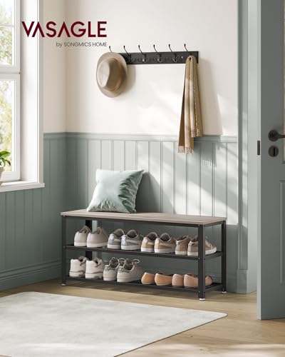 VASAGLE 3-Tier Shoe Rack, Shelf Storage Bench with Metal Mesh Shelves and Seat, Free Standing Shoe Organizer for Entryway, 11.8 x 39.4 x 17.7 Inches, Greige and Black ULBS078K01 - color: Greige + Black, size: 39.4"W x 17.7"H, style: Bench