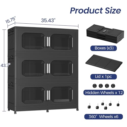 150Gal Extra Large Stackable Storage Bins with Lid & Wheels & Doors, 200QT/50GAL 3-Tiers Collapsible Closet Organizers Plastic Containers Drawers Boxes for Home Kitchen Bedroom, Black - color: Black, size: 50Gal-3Pack