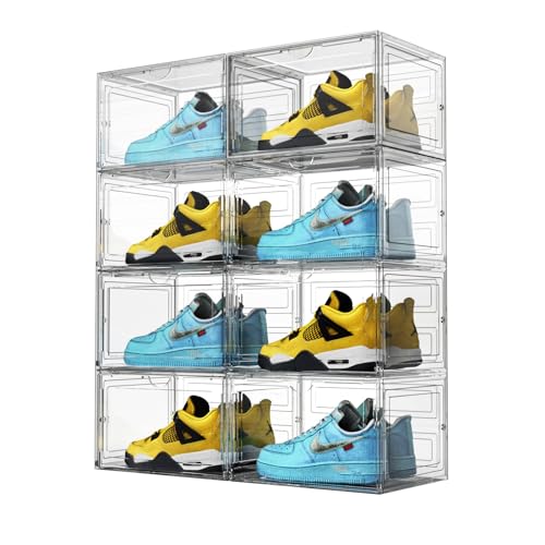 XL Shoe Storage Box,8 Pack Drop Side Shoe Boxes Clear Plastic Stackable,Sneaker Display Case with Magnetic Door Fit up to US 13（13.4”x 10.6”x 8.3”(8 Pack Clear) - color: XL 8 CLEAR
