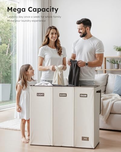 SOLEDI 200L 3-Section Laundry Hamper with Lid, Extra Large Dirty Clothes Basket with Sturdy Handles for Laundry Room & Bedroom - Durable Organizer for Sorting Laundry - color: Off-white, size: 200L