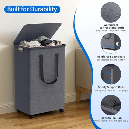 Laundry Basket with 5 Wheels, Tall Dirty Laundry Hamper, Rolling Laundry Basket with Lid, Collapsible Clothes Hamper for Bathroom Bedroom Dorm Laundry Room, Light Gray, 75L - color: Light Gray, size: 75L