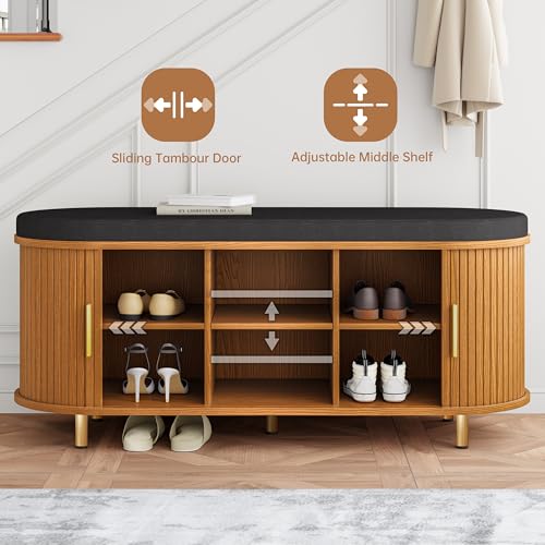 DHH 2-Tier Storage Bench,Wide Shoe Bench with Thickened Padded Seat Cushion, Mid Century Modern Fluted Sliding Door and Adjustable Shelf, for Entryway, Living Room, Bedroom (Yellow Walnut, 43.3“) - color: Yellow Walnut, size: 43.3 inch