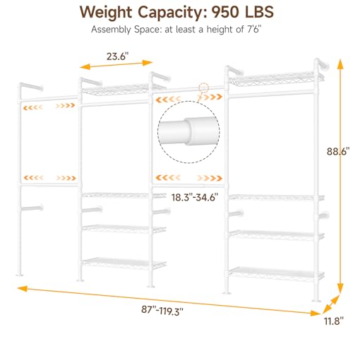 ONBRILL H4 Wall Mounted Closet System, Expandable Industrial Pipe Clothes Rack Clothing Rack for Hanging Clothes, Heavy Duty Closet Organizers and Storage in Wardrobe Closet - White - color: White