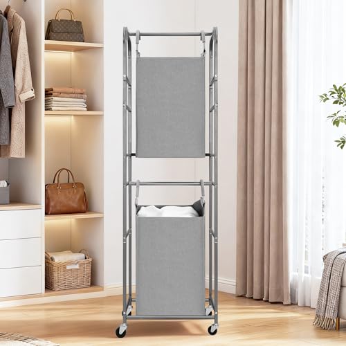 STORAGE MANIAC 2 Tier Vertical Laundry Hamper, 2 Section Laundry Sorter with 2 Removable Tote Bags, Rolling Clothes Basket for Towels, Blankets, Tall Dirty Clothes Hamper for Closet, Bathroom, 2 Bags - size: 2 Section